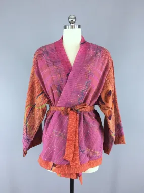 Silk Kimono Cardigan / Vintage Indian Sari / Bohemian Orange Pink Floral Embroidered