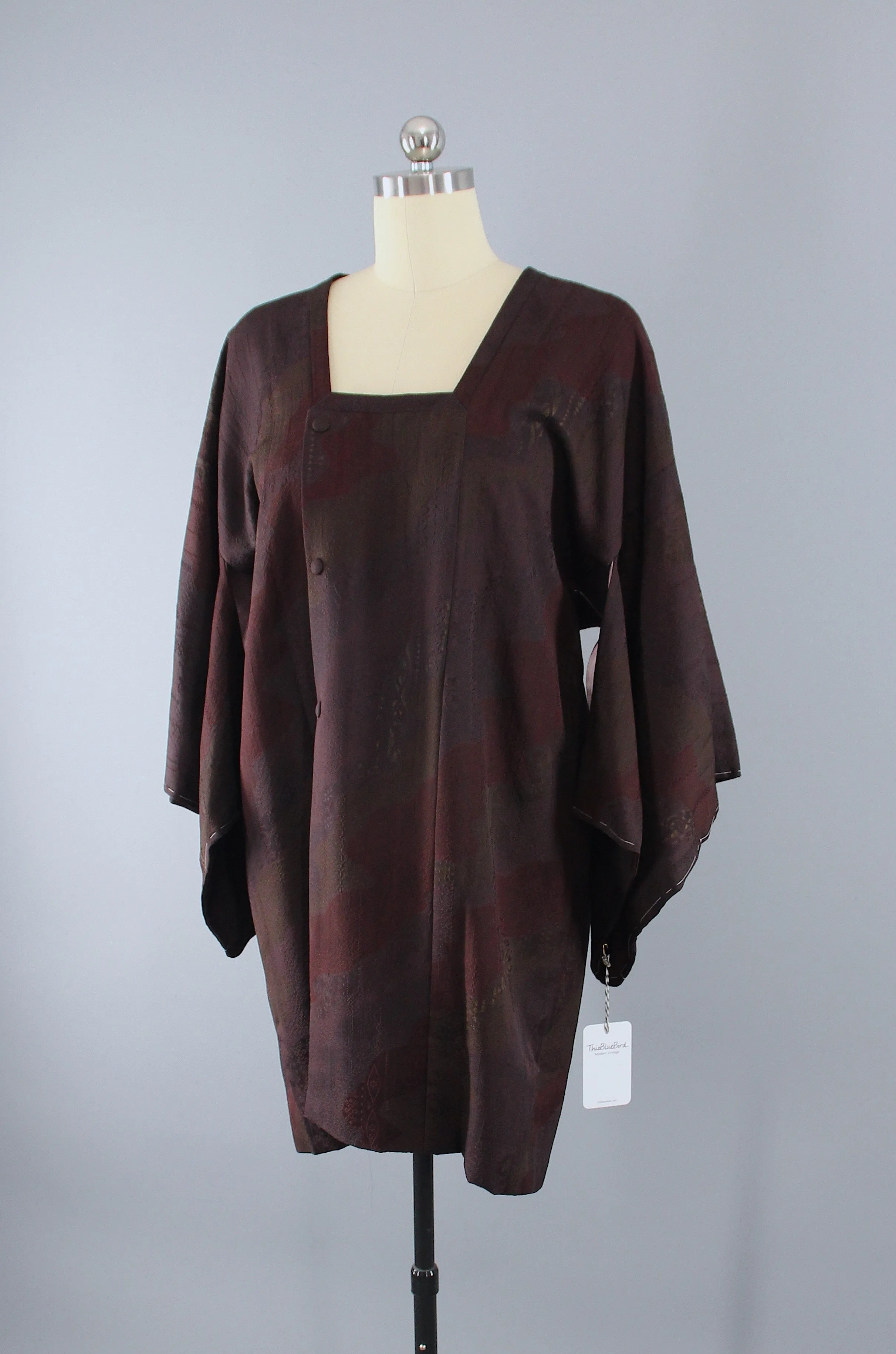 1950s Vintage Silk Kimono Jacket Coat / Brown Textured Silk Crepe