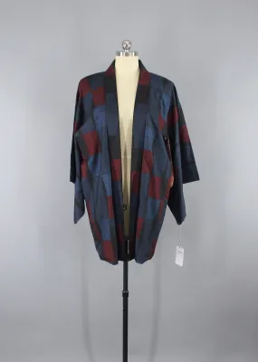 1970s Vintage Silk Haori Kimono Jacket Cardigan / Blue Maroon Tiles