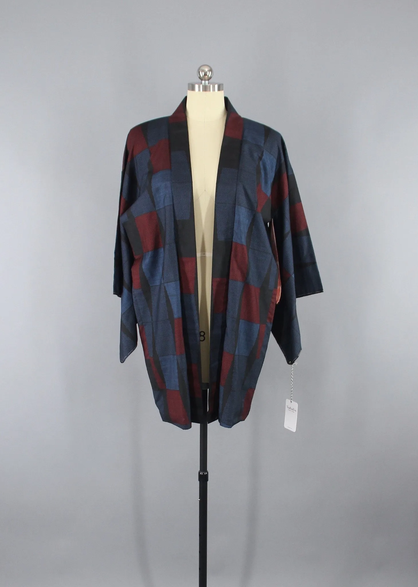 1970s Vintage Silk Haori Kimono Jacket Cardigan / Blue Maroon Tiles