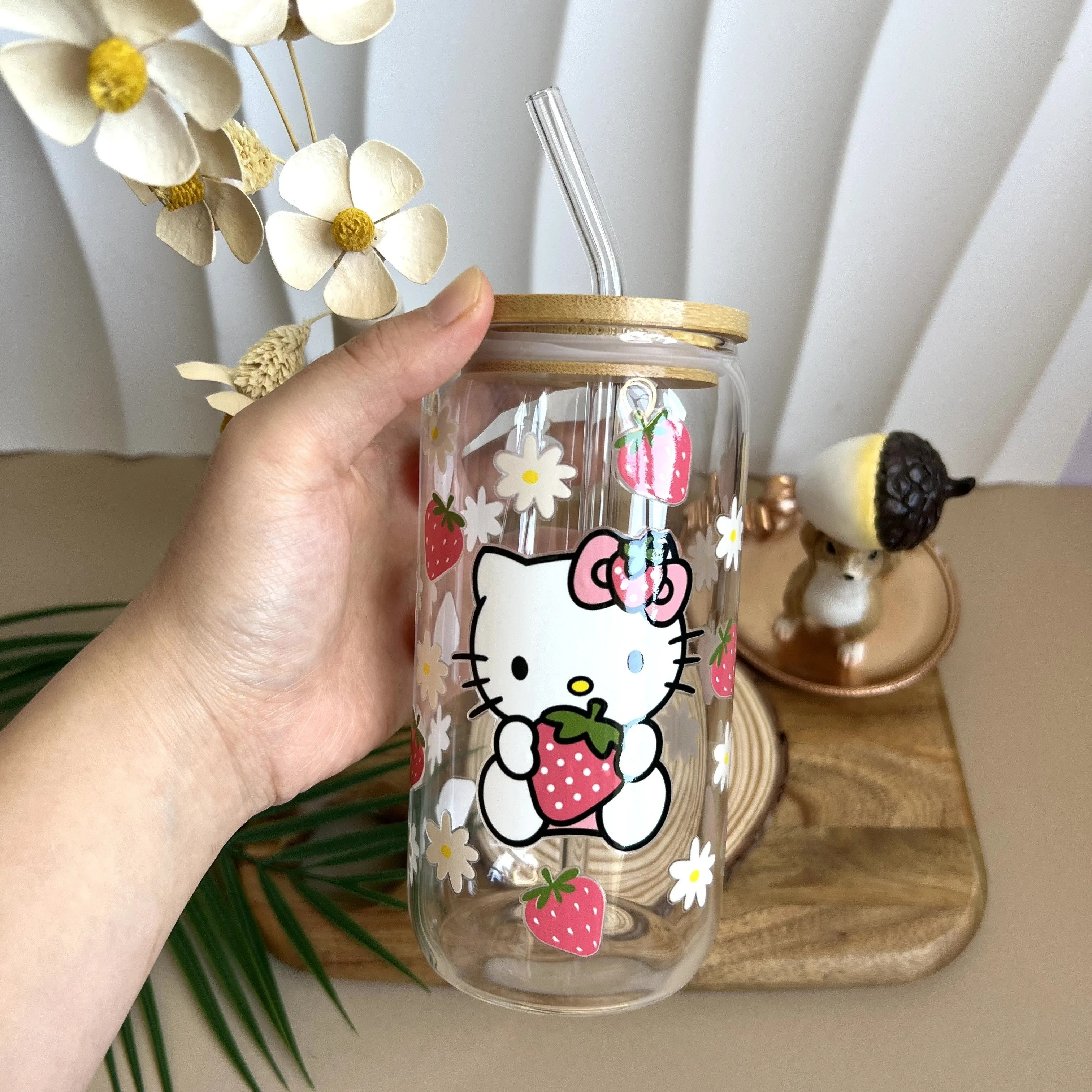 1pc Adorable Strawberry Hello Kitty Handcrafted UV-Resistant Coffee Tumbler Set - Complete with Glass Straw & Brush for Effortless Cleaning - Perfect for Catered Events and Everyday Sipping