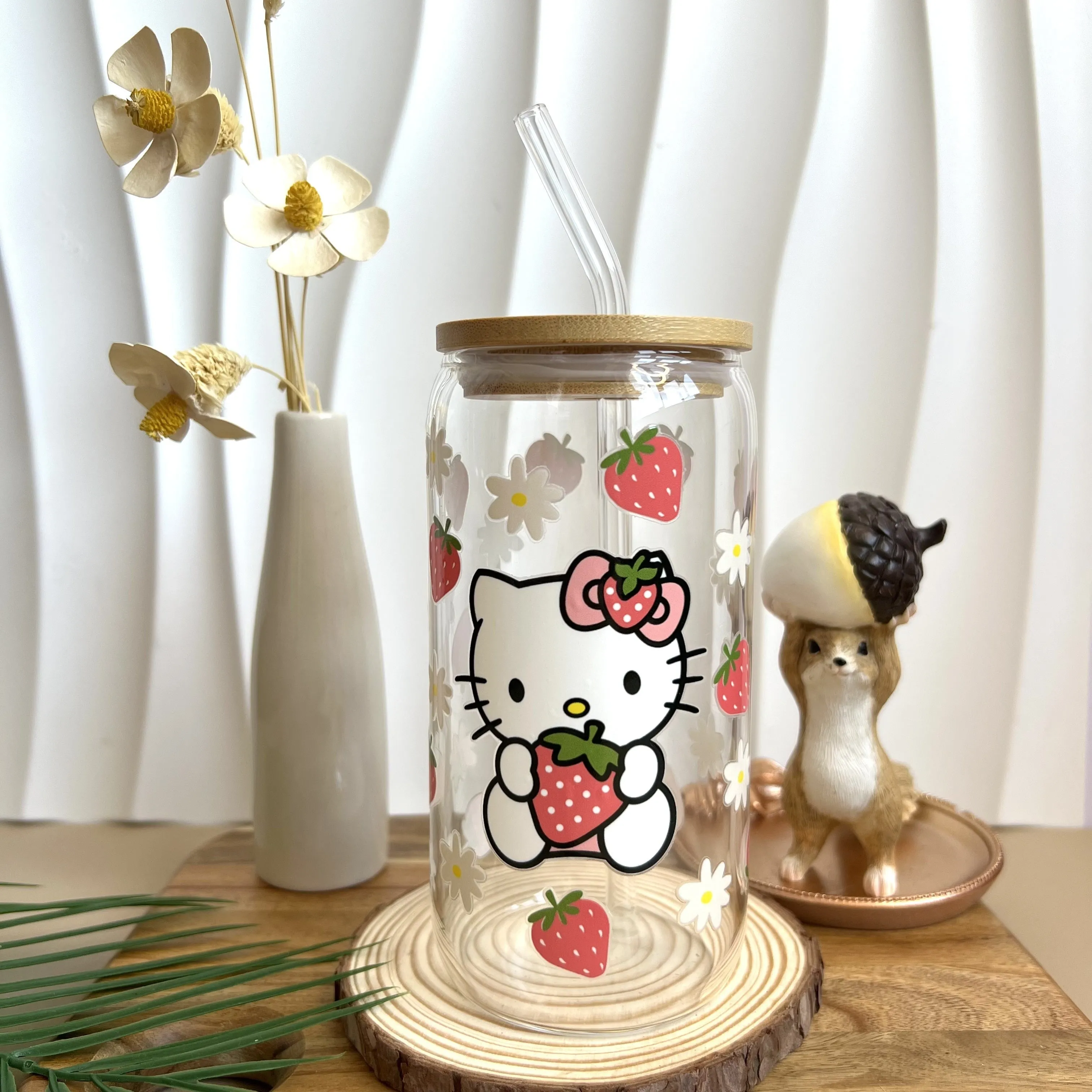 1pc Adorable Strawberry Hello Kitty Handcrafted UV-Resistant Coffee Tumbler Set - Complete with Glass Straw & Brush for Effortless Cleaning - Perfect for Catered Events and Everyday Sipping