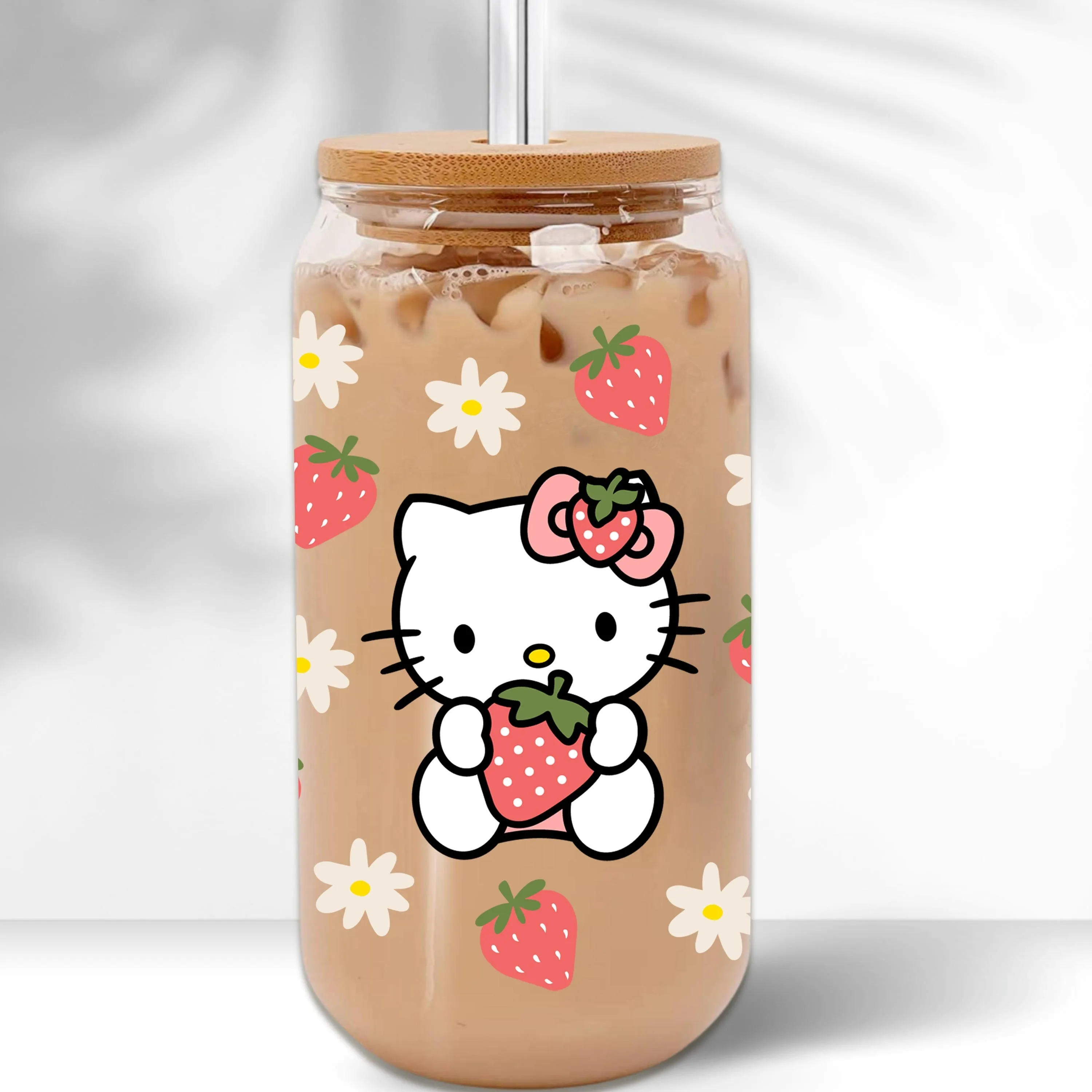 1pc Adorable Strawberry Hello Kitty Handcrafted UV-Resistant Coffee Tumbler Set - Complete with Glass Straw & Brush for Effortless Cleaning - Perfect for Catered Events and Everyday Sipping