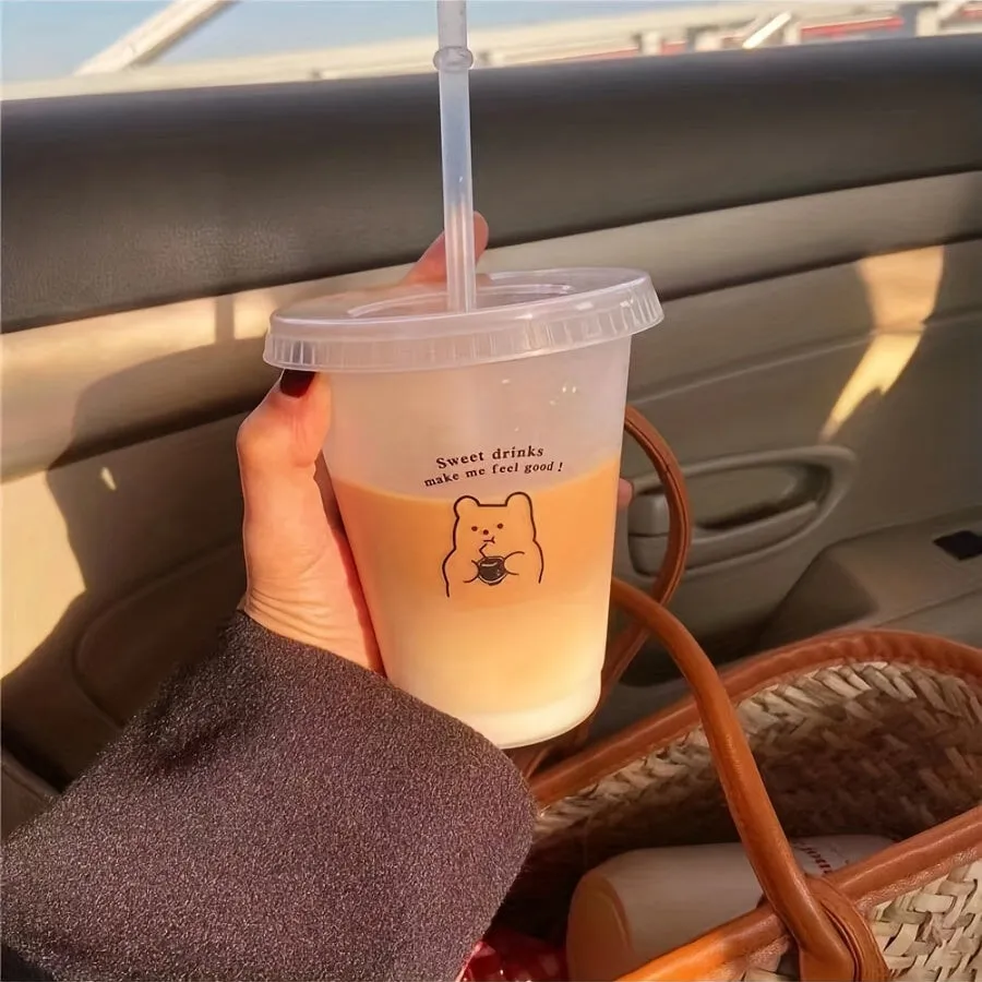 1pc Large Capacity Cartoon Bear Figure Summer Coffee Cup with Plastic Straw - Handy Tumbler for Hot and Cold Drinks - Unique Love Figure Pattern Design