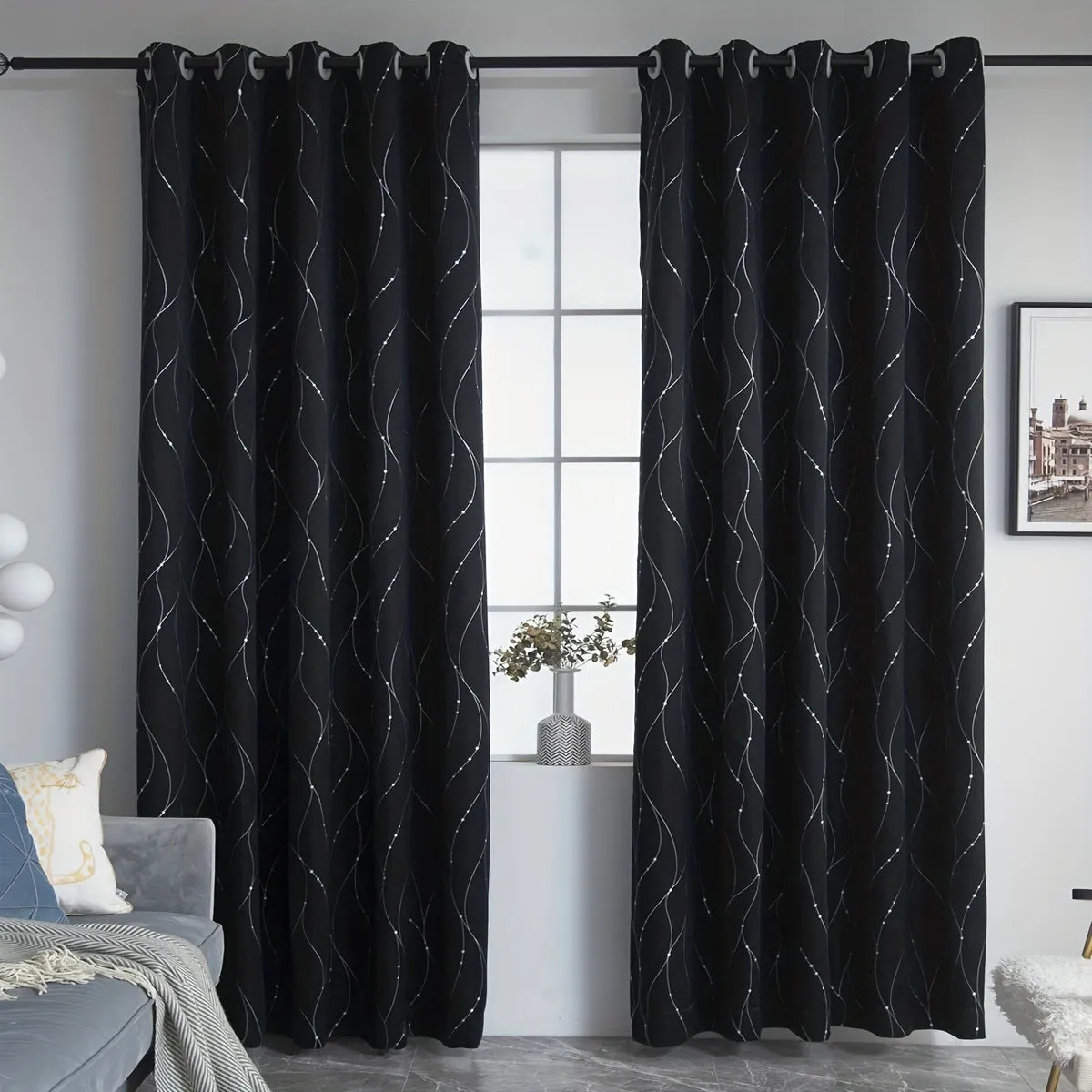 1pc Silvery Wave Line Pattern Blackout Curtain - Blocks Out Light, Enhances Room Ambiance, Suitable for Living Room, Bedroom, Kitchen, Bathroom, and Home Decor