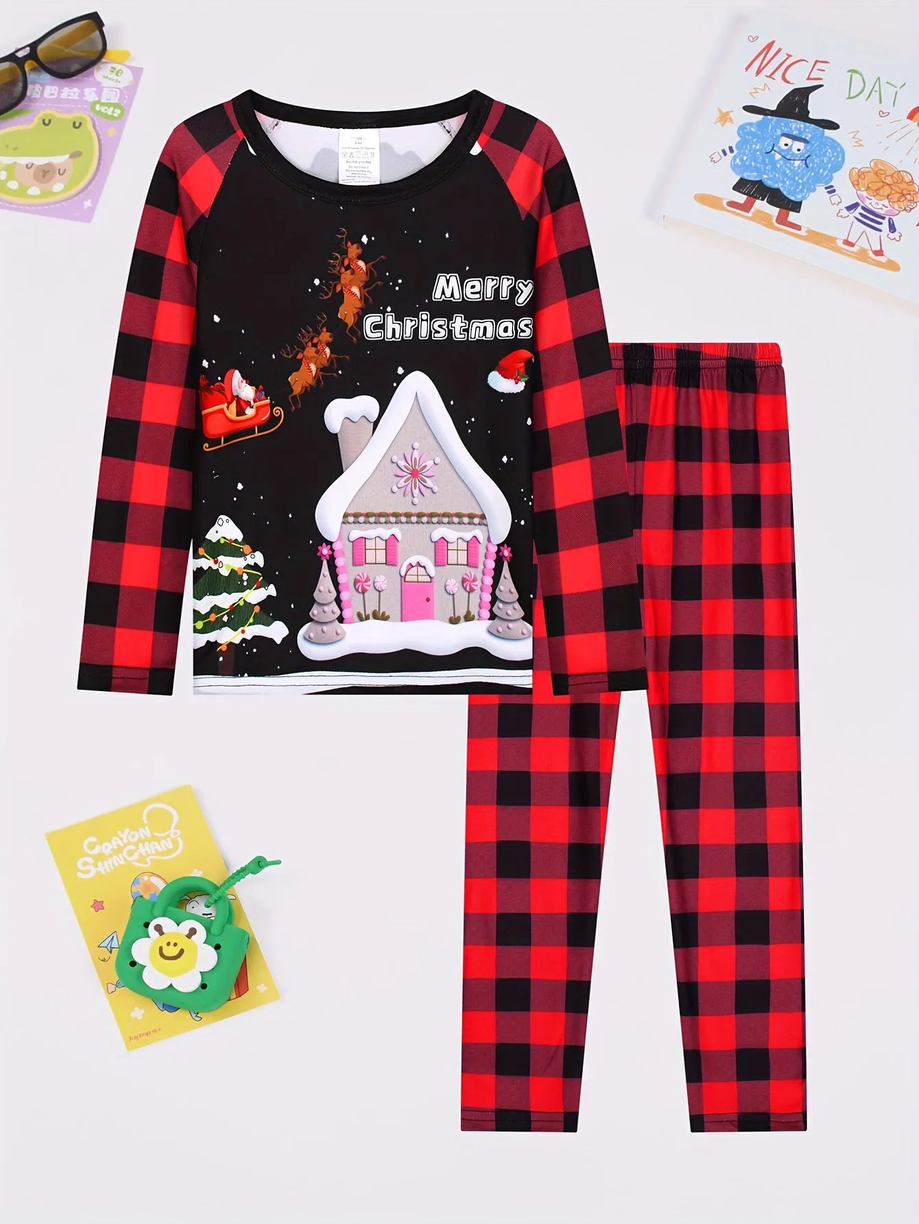 2pcs Youngsters' Christmas Pajama Set - Flame-Resistant Plaid & Cartoon Print, Long Sleeve Top & Pants, Soft & Cozy Loungewear for Boys and Girls