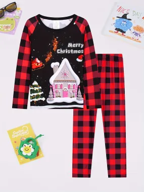 2pcs Youngsters' Christmas Pajama Set - Flame-Resistant Plaid & Cartoon Print, Long Sleeve Top & Pants, Soft & Cozy Loungewear for Boys and Girls