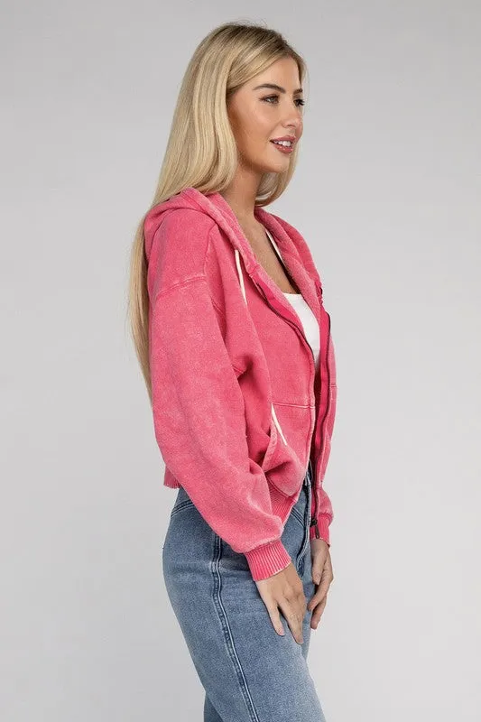 Acid Wash Fleece Cropped Zip-Up Hoodie