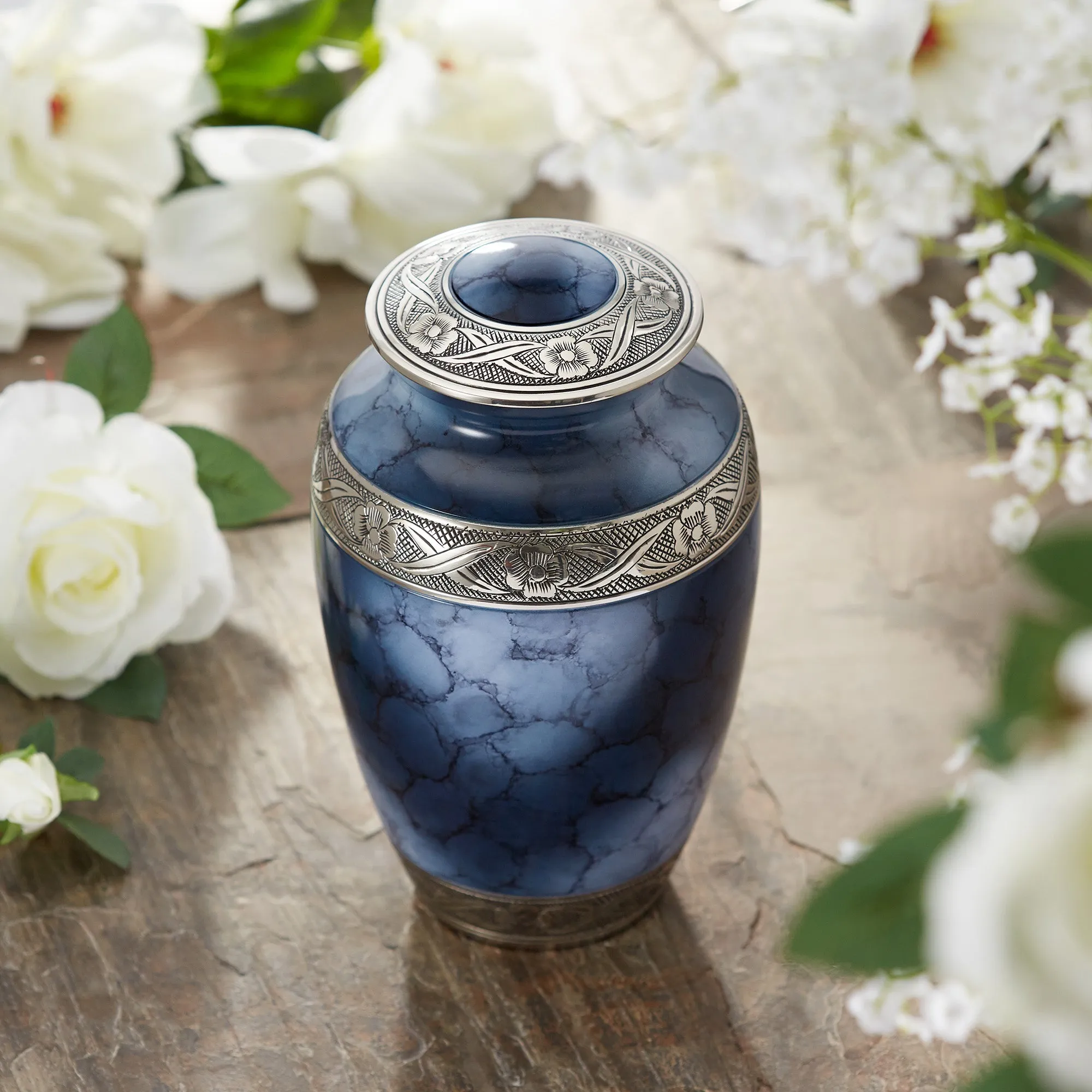 Adult Silver and Blue Cremation Memorial Urn, Velvet Bag by Reminded