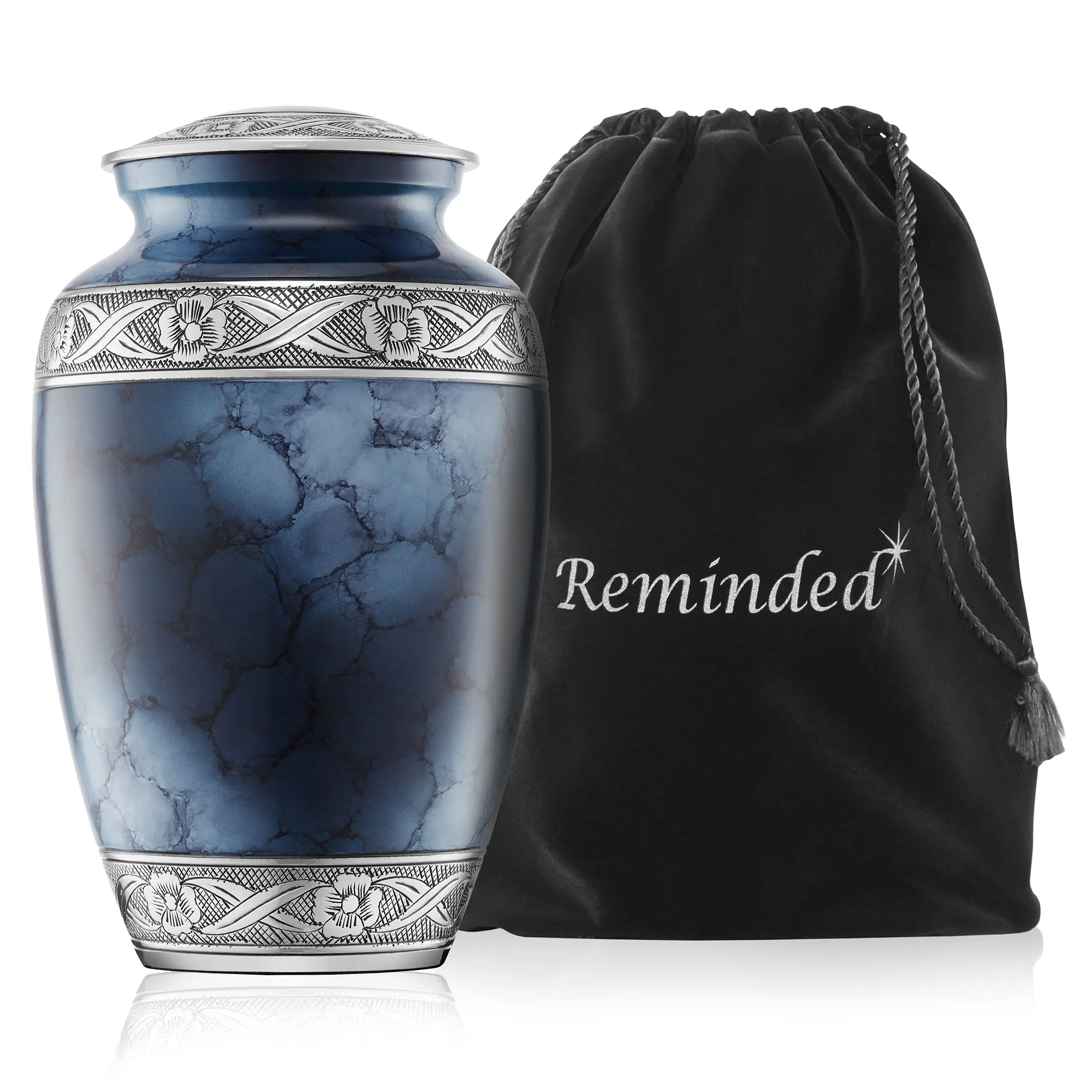 Adult Silver and Blue Cremation Memorial Urn, Velvet Bag by Reminded