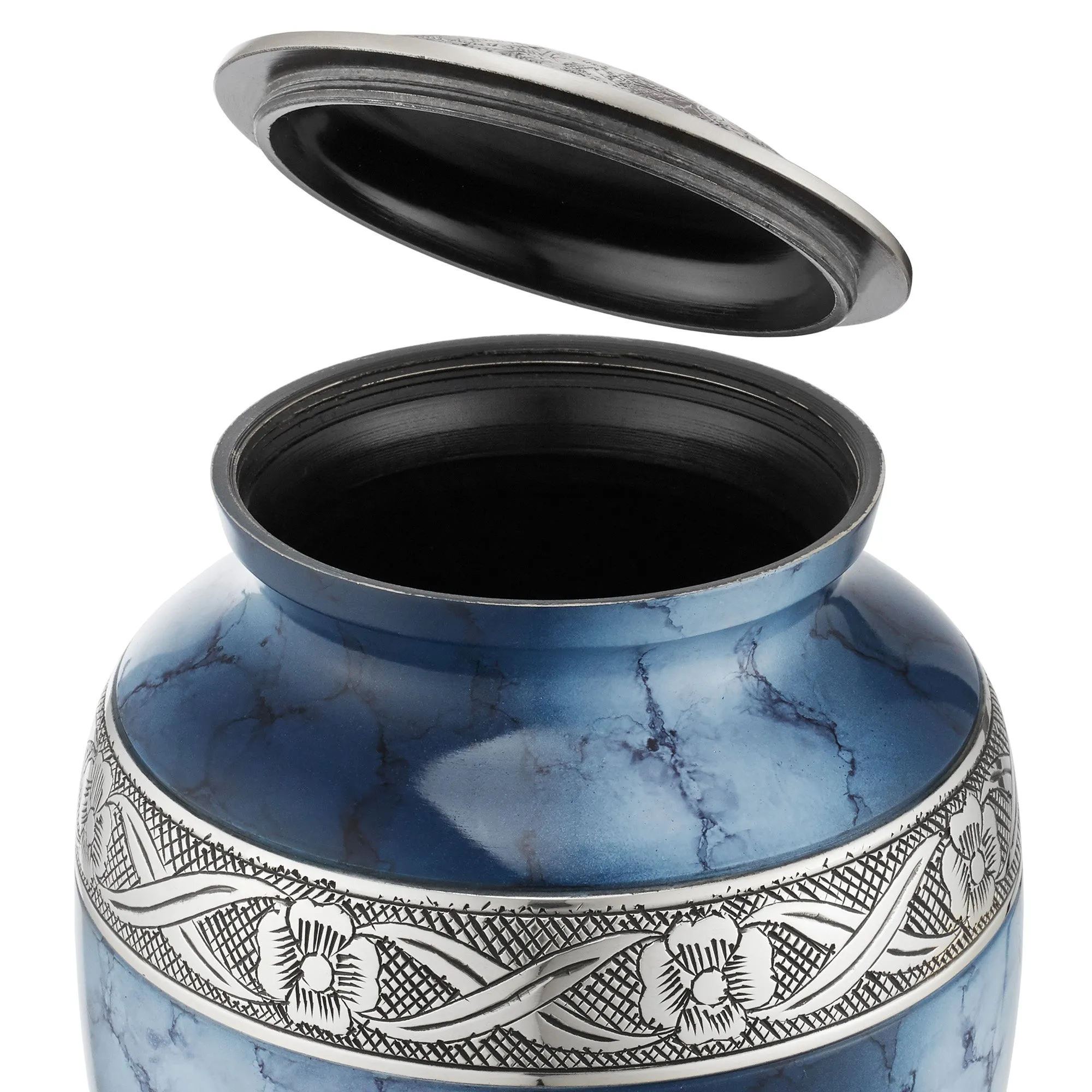 Adult Silver and Blue Cremation Memorial Urn, Velvet Bag by Reminded