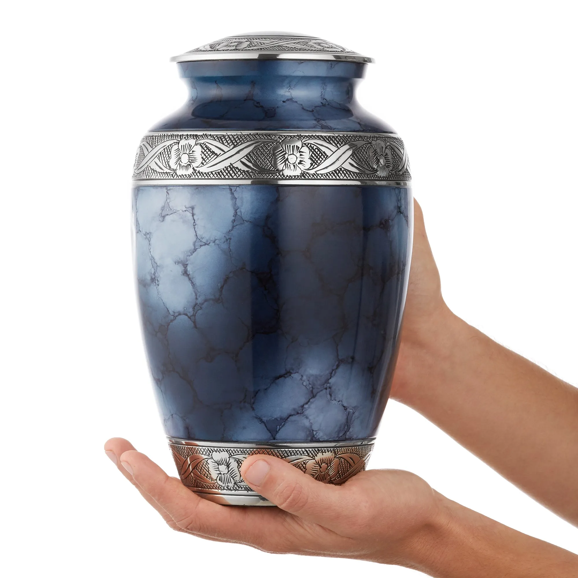 Adult Silver and Blue Cremation Memorial Urn, Velvet Bag by Reminded