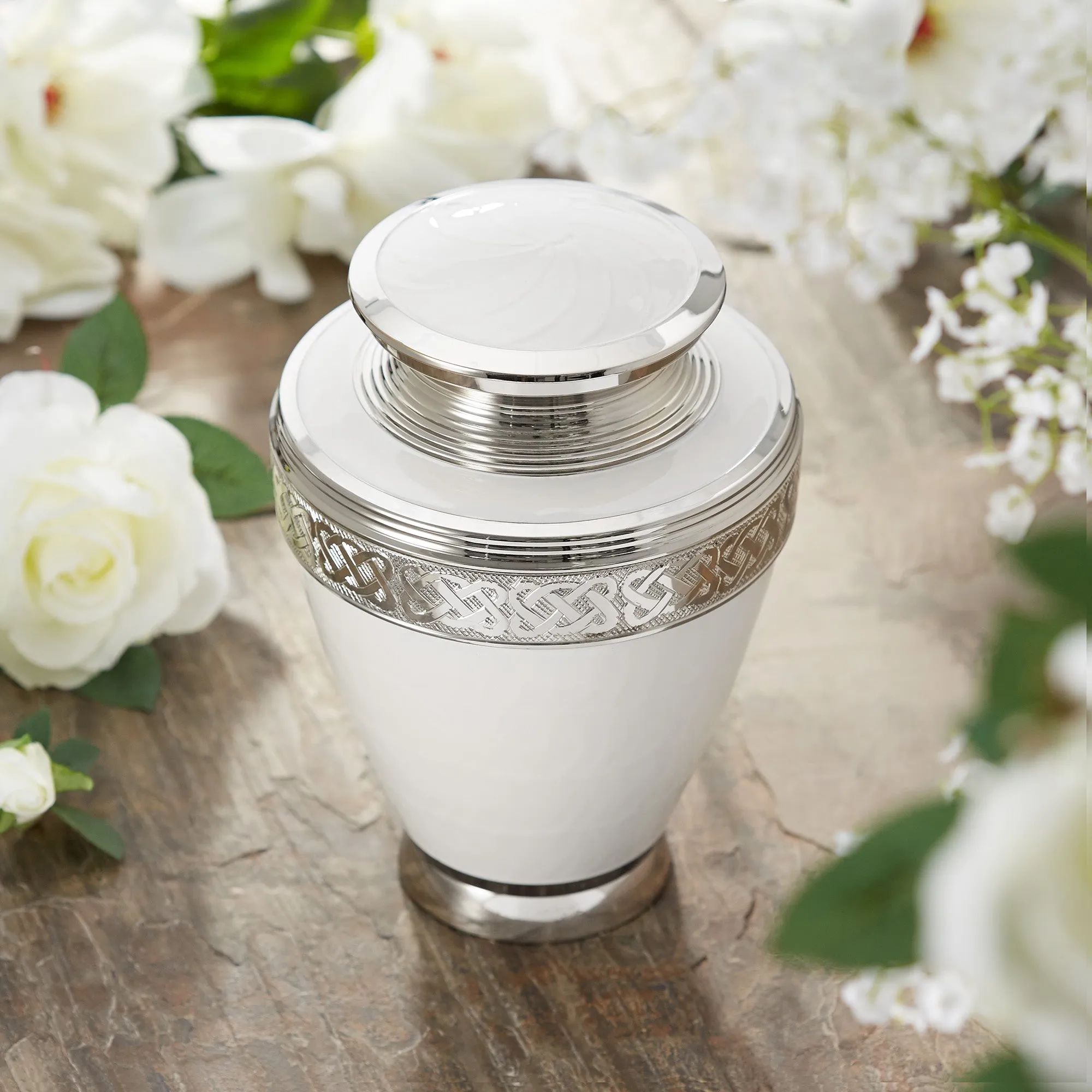 Adult Silver and White Cremation Memorial Urn, Velvet Bag by Reminded