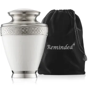 Adult Silver and White Cremation Memorial Urn, Velvet Bag by Reminded