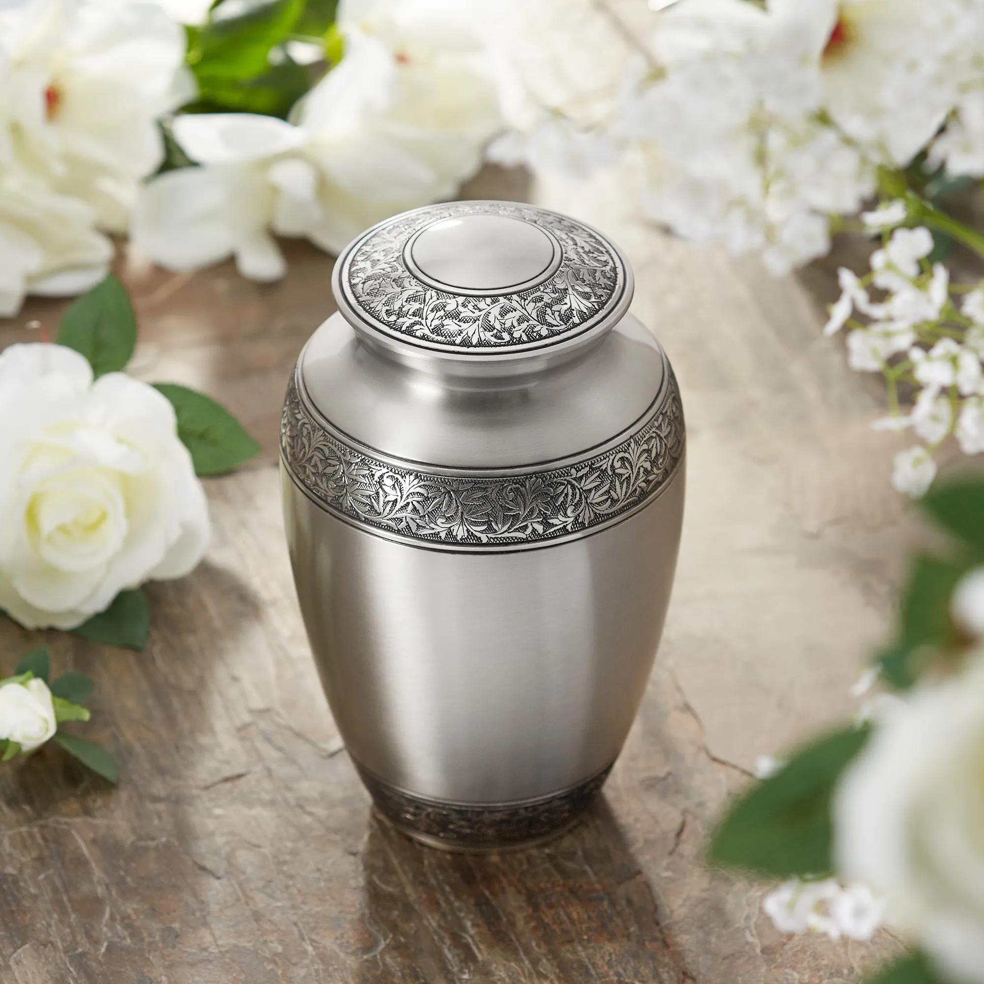 Adult Silver Cremation Memorial Urn with Velvet Bag by Reminded