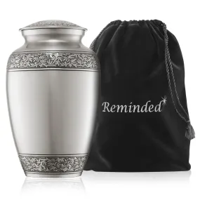 Adult Silver Cremation Memorial Urn with Velvet Bag by Reminded