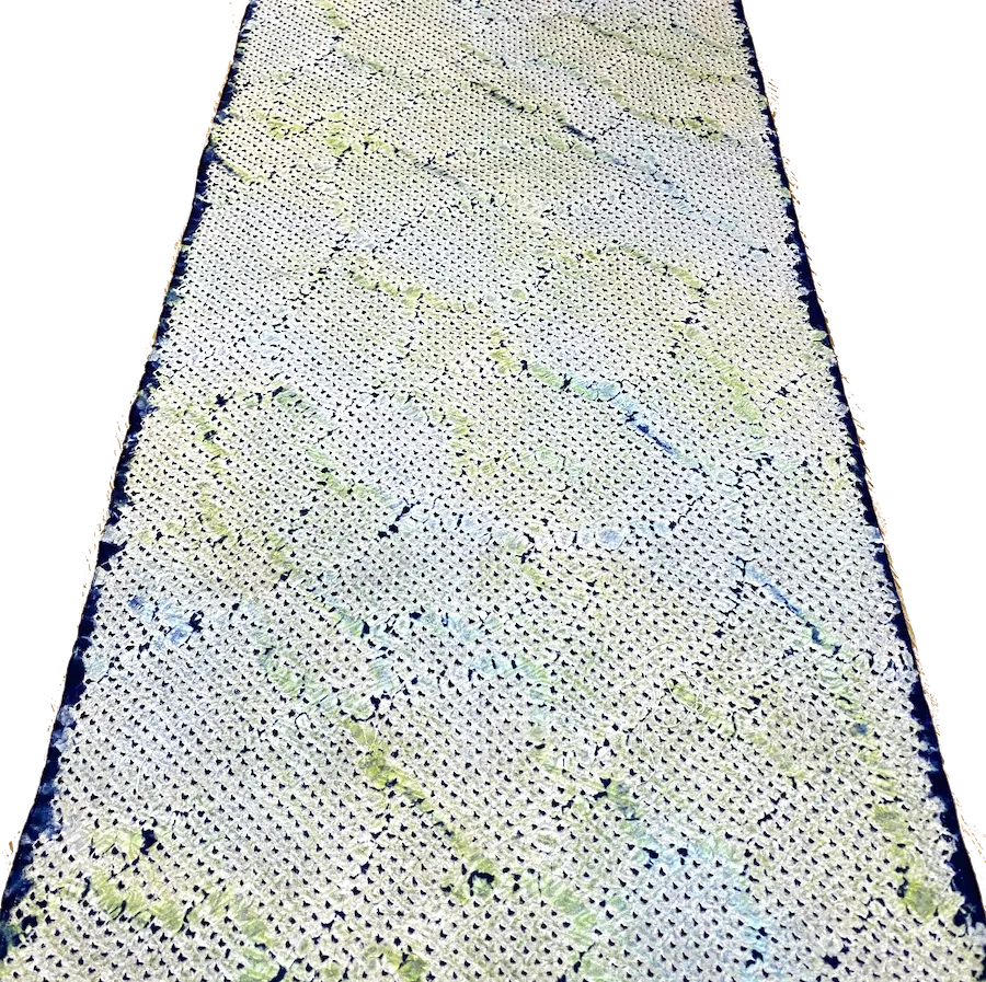 All-Shibori Vintage Kimono Silk Piece, Lime/Off-White/Indigo, from Japan, 14" x 61"  Item #239