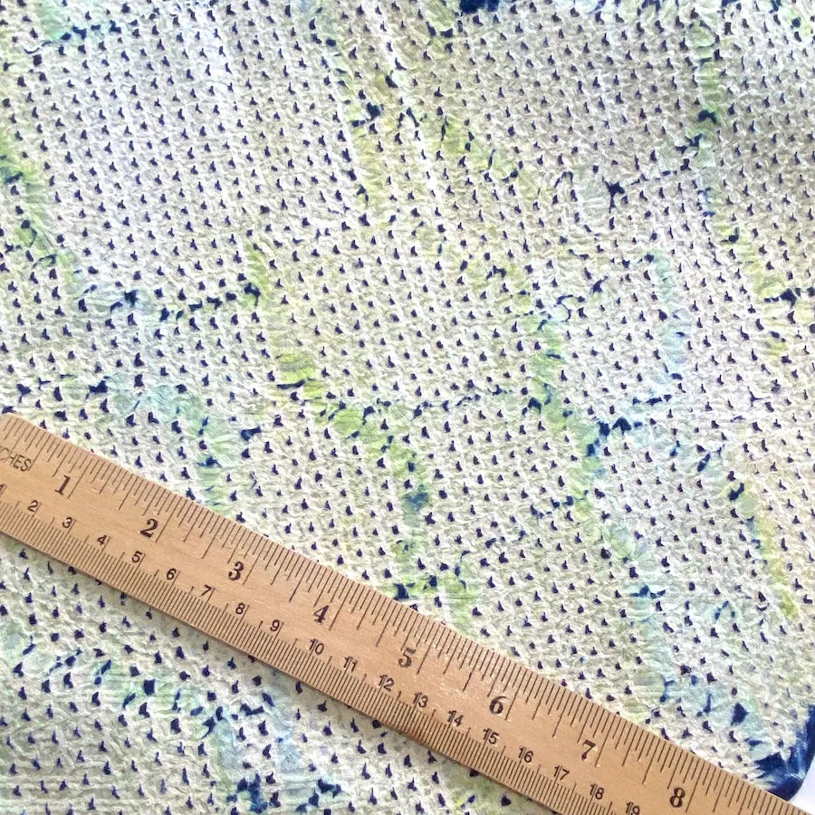 All-Shibori Vintage Kimono Silk Piece, Lime/Off-White/Indigo, from Japan, 14" x 61"  Item #239