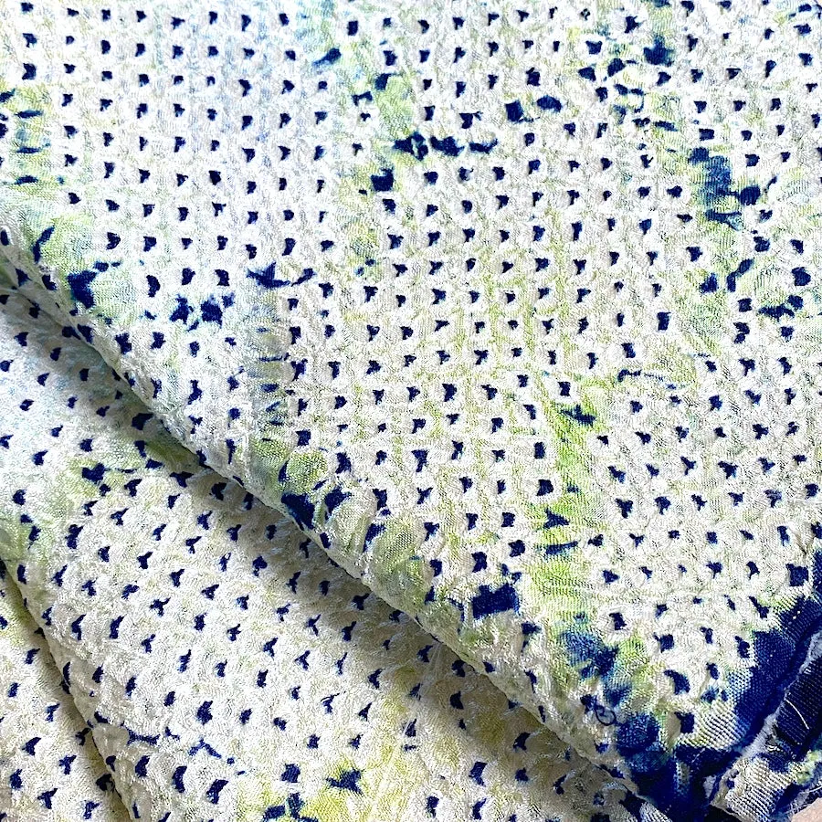 All-Shibori Vintage Kimono Silk Piece, Lime/Off-White/Indigo, from Japan, 14" x 61"  Item #239