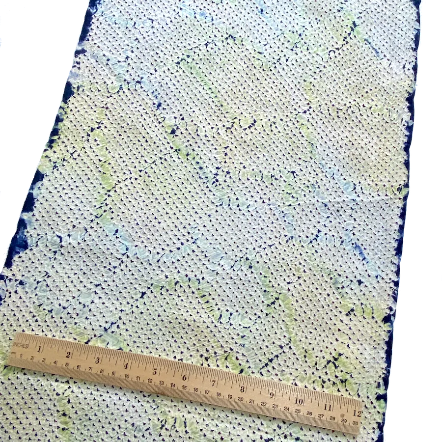 All-Shibori Vintage Kimono Silk Piece, Lime/Off-White/Indigo, from Japan, 14" x 61"  Item #239