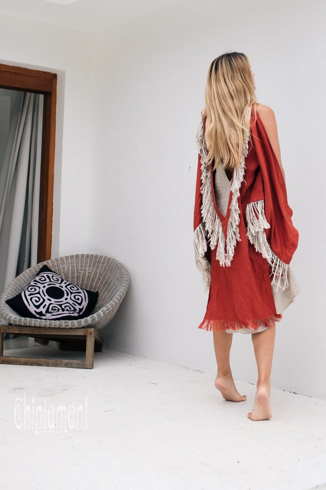 Alma Libra Linen Fringe Kimono ∆ Boho Cardigan Robe / Red Ochre