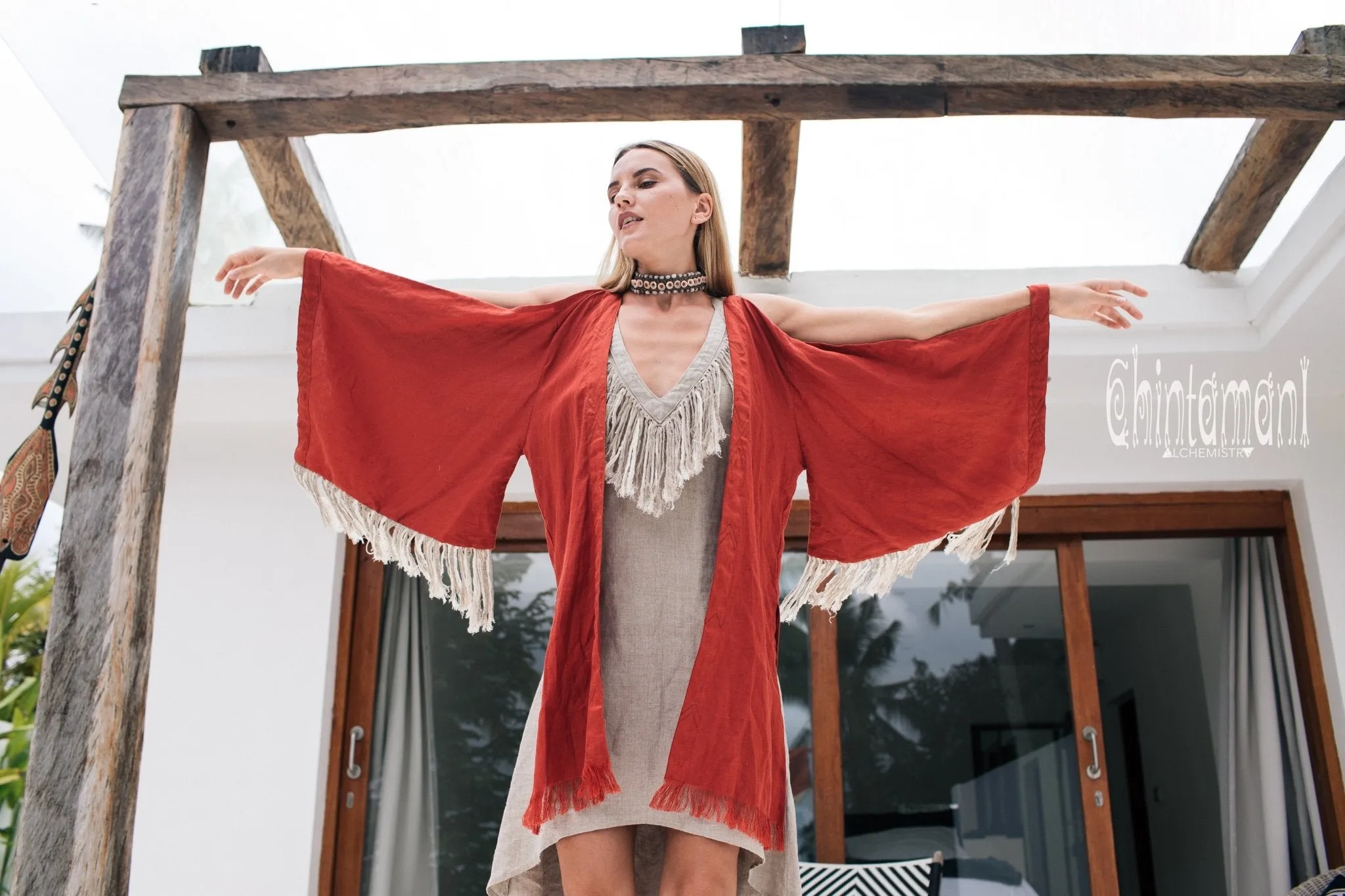 Alma Libra Linen Fringe Kimono ∆ Boho Cardigan Robe / Red Ochre