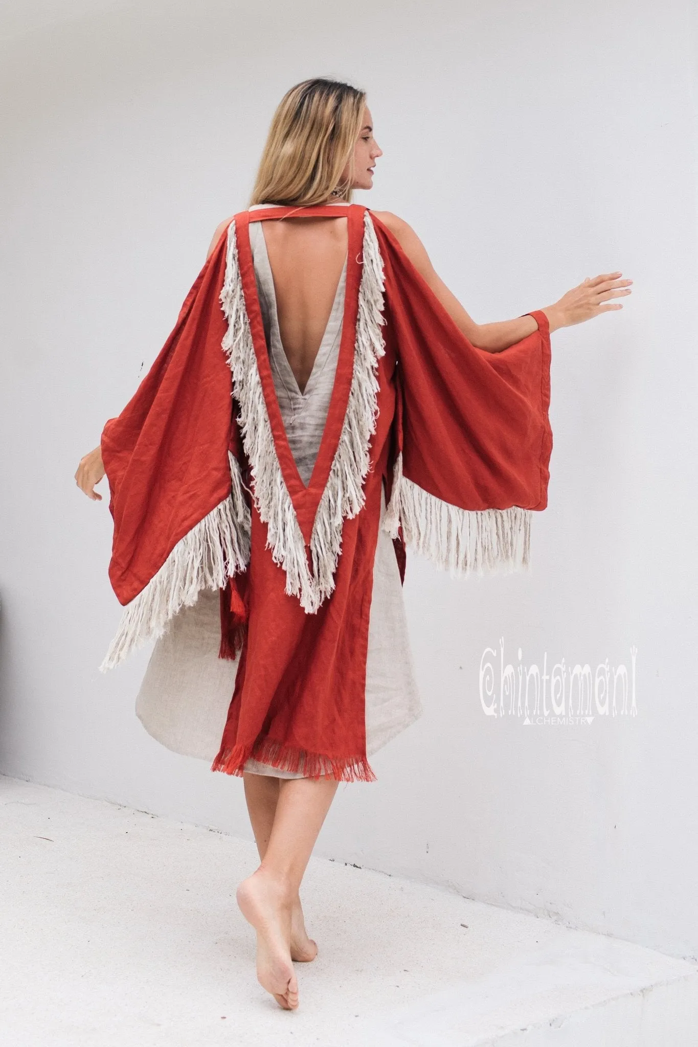 Alma Libra Linen Fringe Kimono ∆ Boho Cardigan Robe / Red Ochre