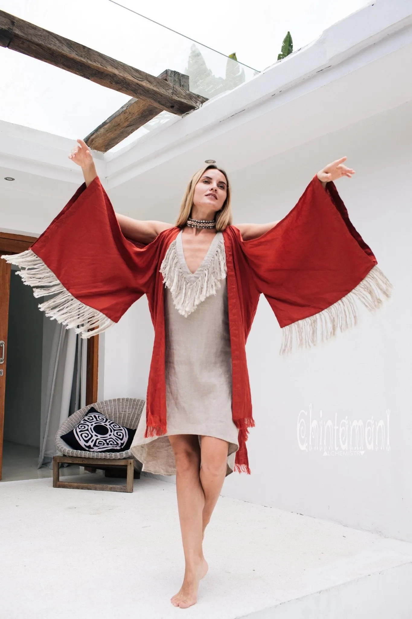 Alma Libra Linen Fringe Kimono ∆ Boho Cardigan Robe / Red Ochre