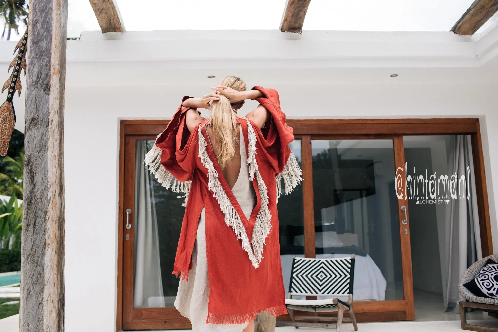 Alma Libra Linen Fringe Kimono ∆ Boho Cardigan Robe / Red Ochre