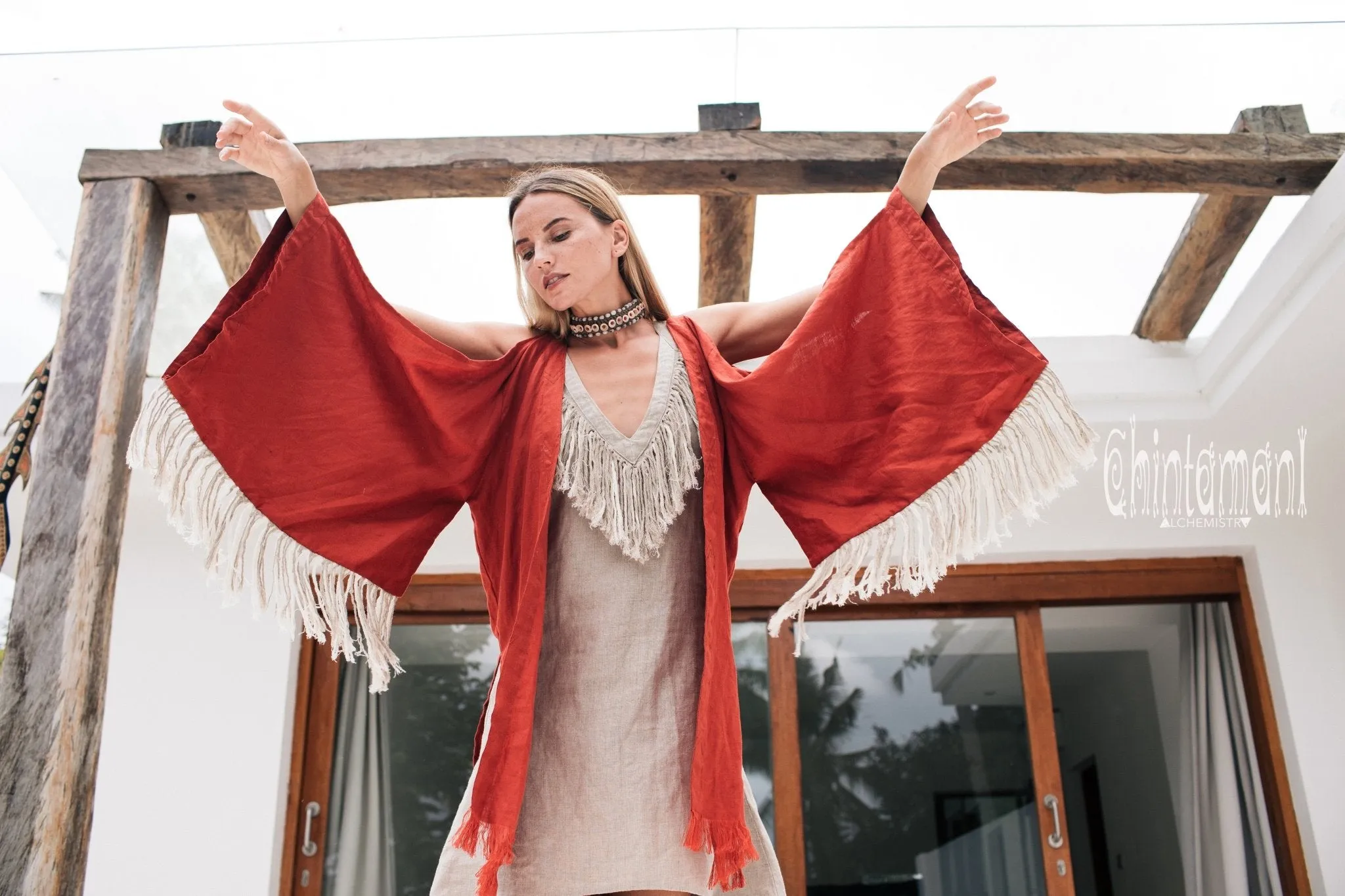 Alma Libra Linen Fringe Kimono ∆ Boho Cardigan Robe / Red Ochre