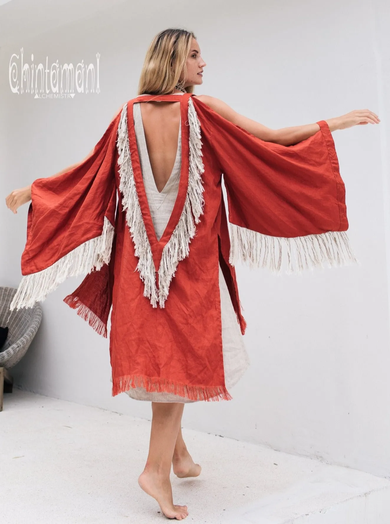 Alma Libra Linen Fringe Kimono ∆ Boho Cardigan Robe / Red Ochre