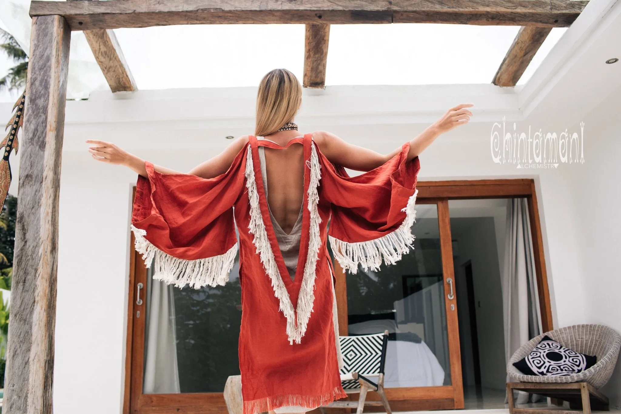 Alma Libra Linen Fringe Kimono ∆ Boho Cardigan Robe / Red Ochre