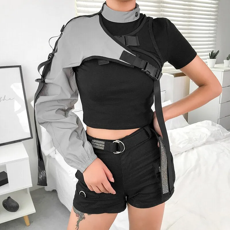 Amozae Reflective One Shoulder Top Harajuku Punk Long Sleeve T-Shirt Women Irregular Cargo Crop Top T Shirt Ladies Street