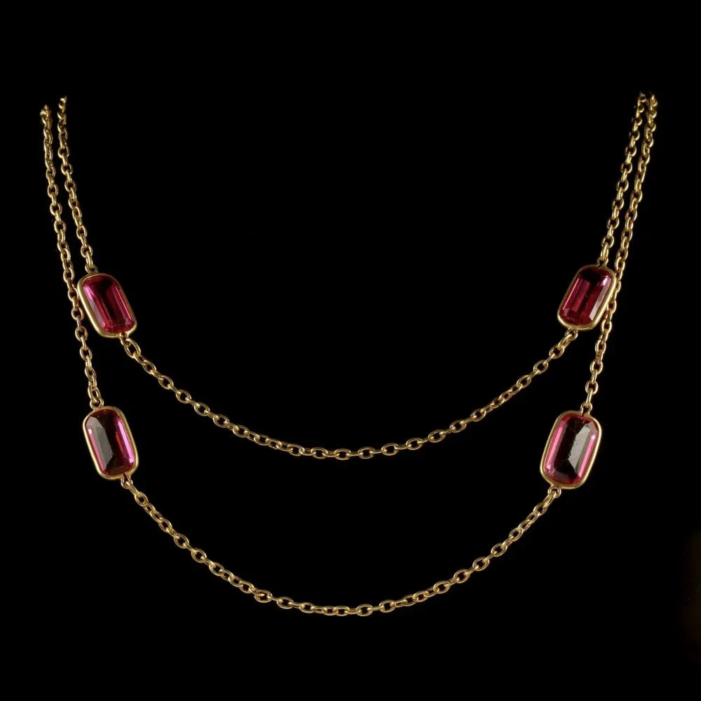 Antique Victorian Guard Chain Pink Paste Necklace Circa 1900