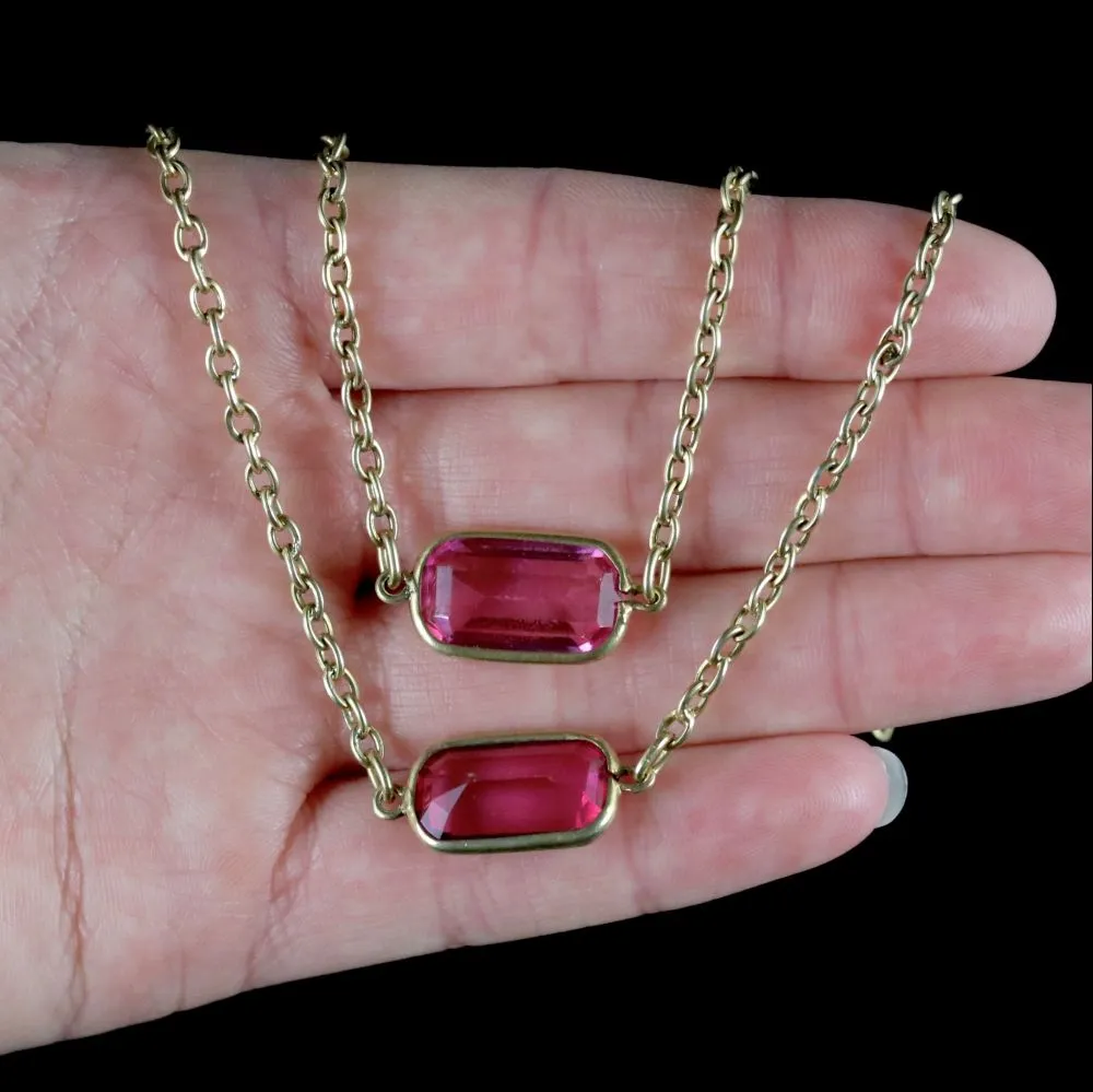 Antique Victorian Guard Chain Pink Paste Necklace Circa 1900