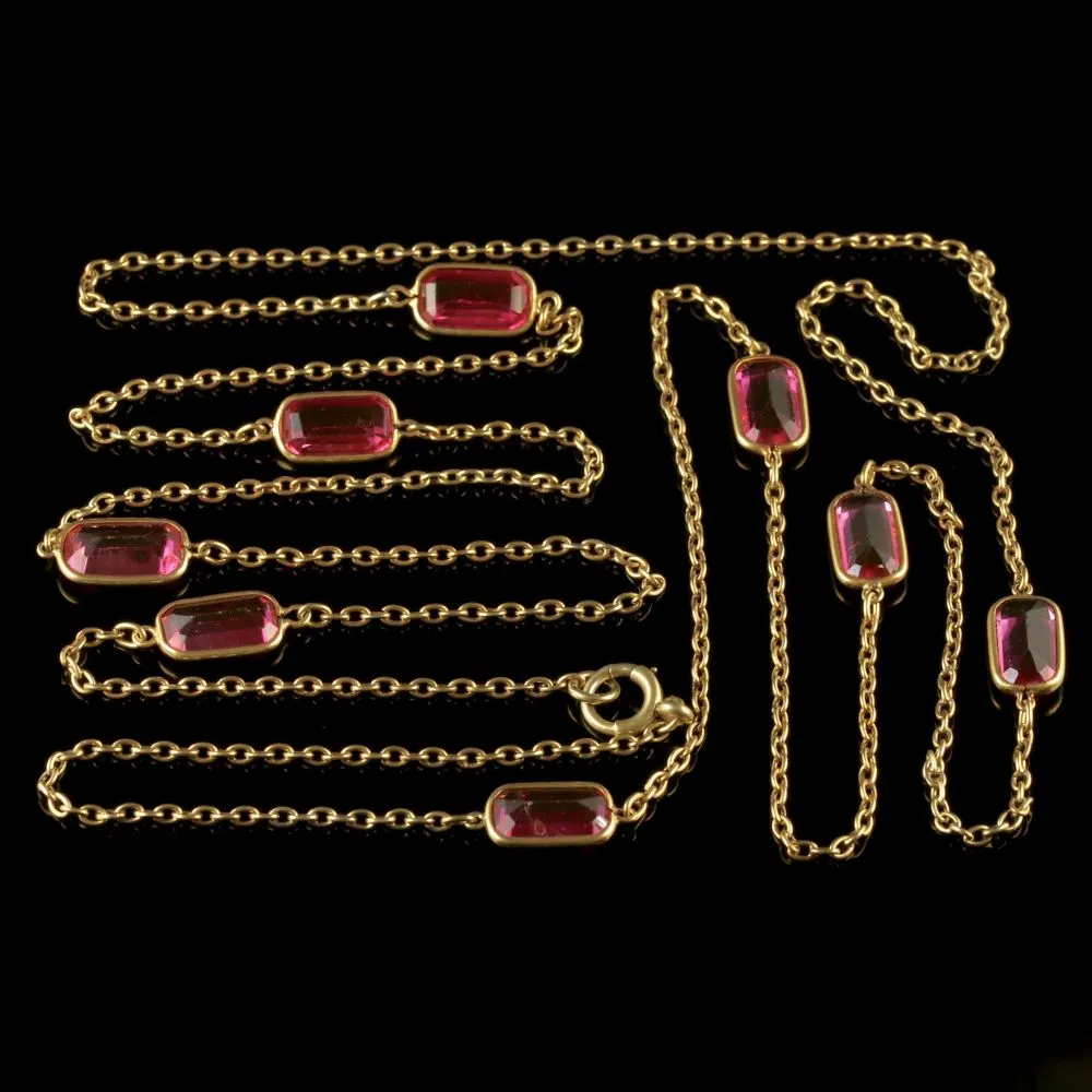 Antique Victorian Guard Chain Pink Paste Necklace Circa 1900