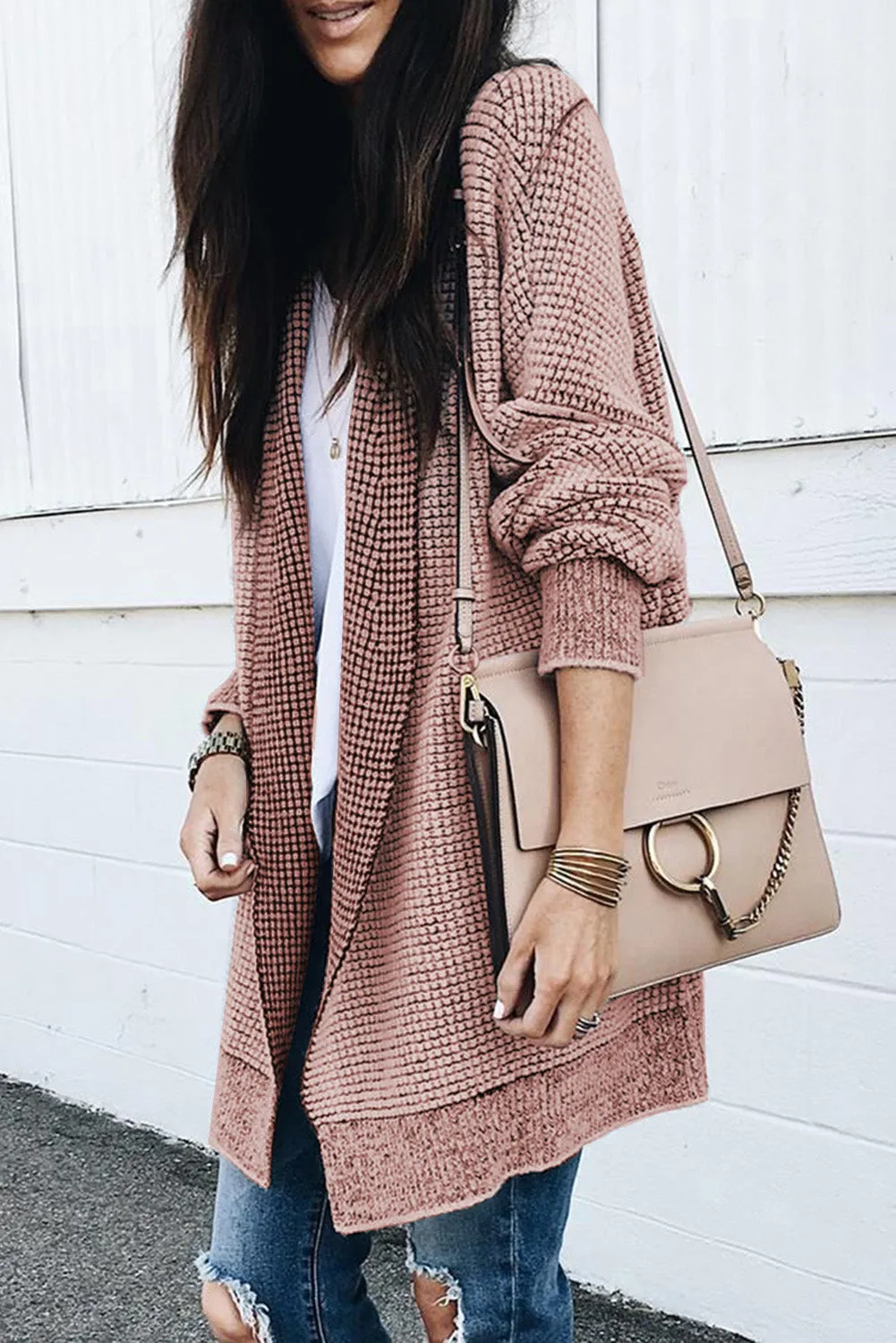 Apricot Plaid Knitted Long Open Front Cardigan