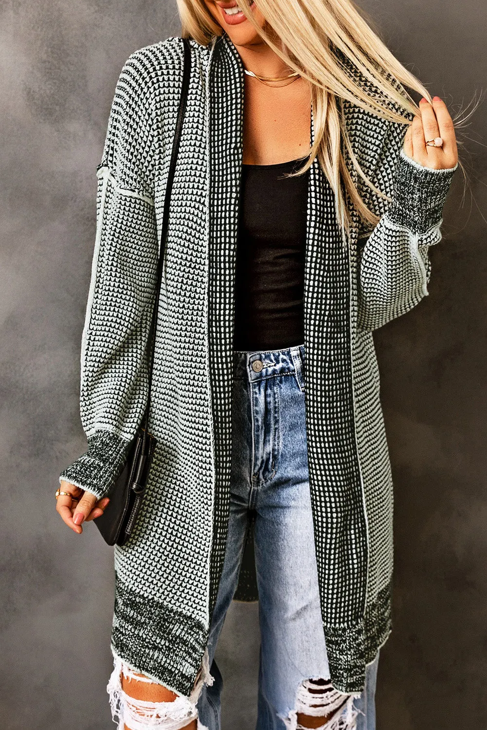 Apricot Plaid Knitted Long Open Front Cardigan