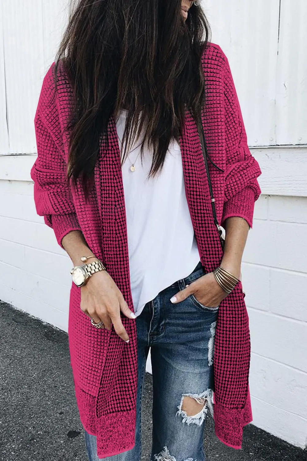 Apricot Plaid Knitted Long Open Front Cardigan