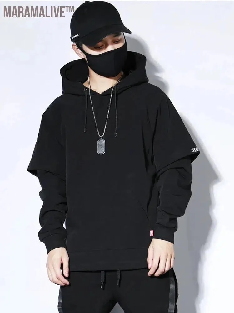 Autumn Spring Tide Darkwear Style Hooded Sweatshirt Men's Fashion Solid Color Slim Fit Two-Piece Tops Coat