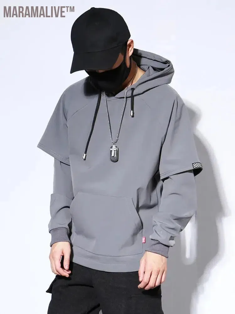 Autumn Spring Tide Darkwear Style Hooded Sweatshirt Men's Fashion Solid Color Slim Fit Two-Piece Tops Coat