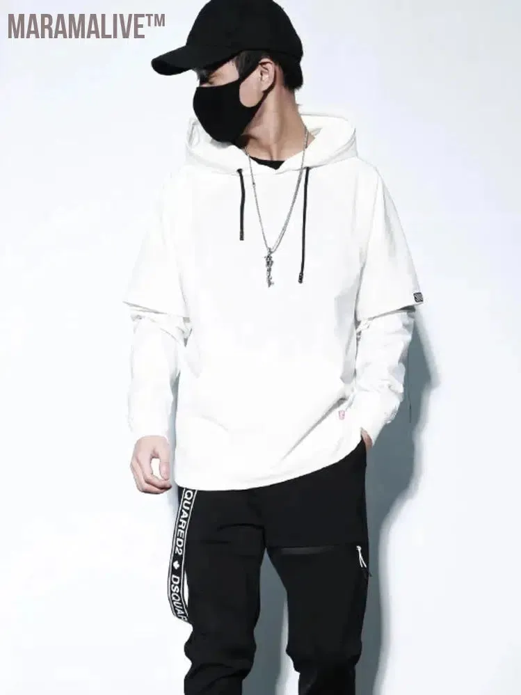 Autumn Spring Tide Darkwear Style Hooded Sweatshirt Men's Fashion Solid Color Slim Fit Two-Piece Tops Coat