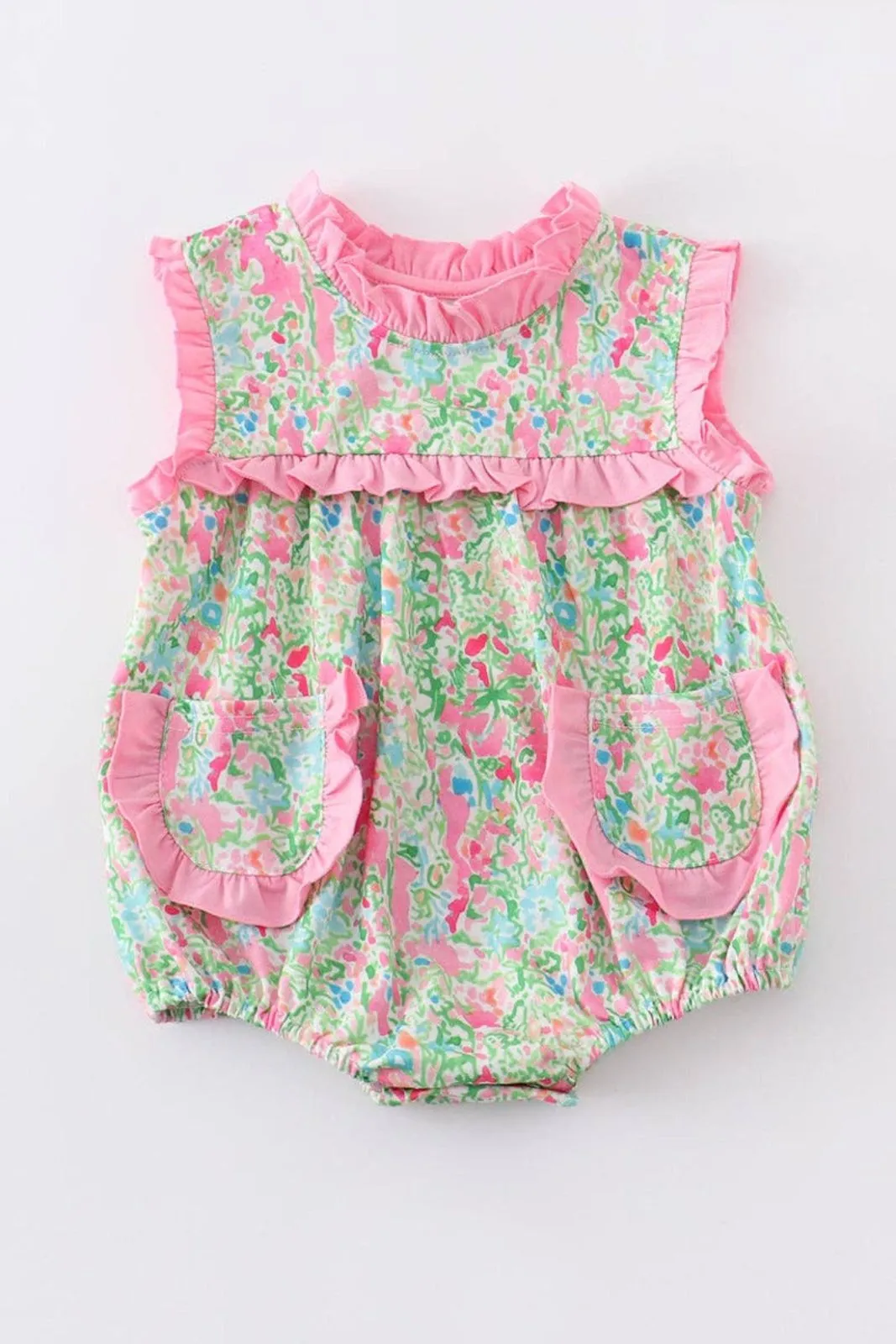 Baby Girls Floral Ruffle Pocket Bubble Romper