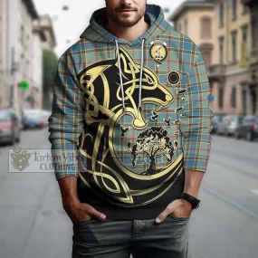 Balfour Blue Tartan Hoodie with Family Crest Celtic Wolf Style