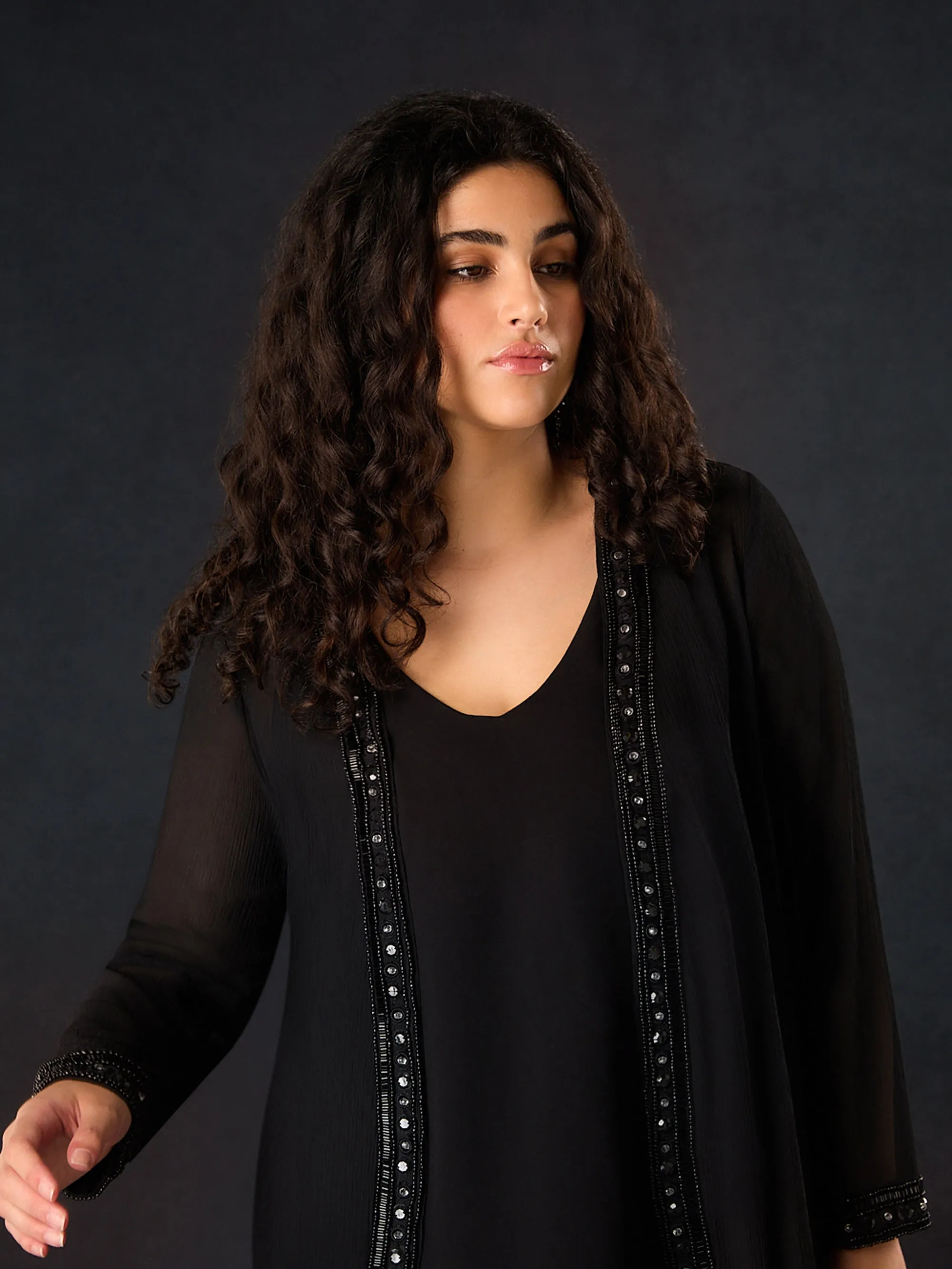 Black Embellished Chiffon Edge to Edge Jacket