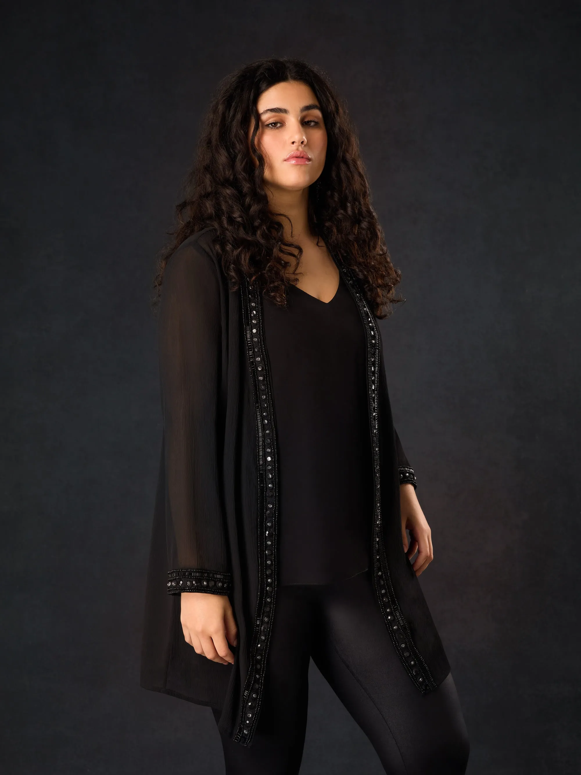 Black Embellished Chiffon Edge to Edge Jacket