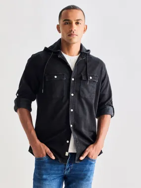 Black Hooded Denim Shirt