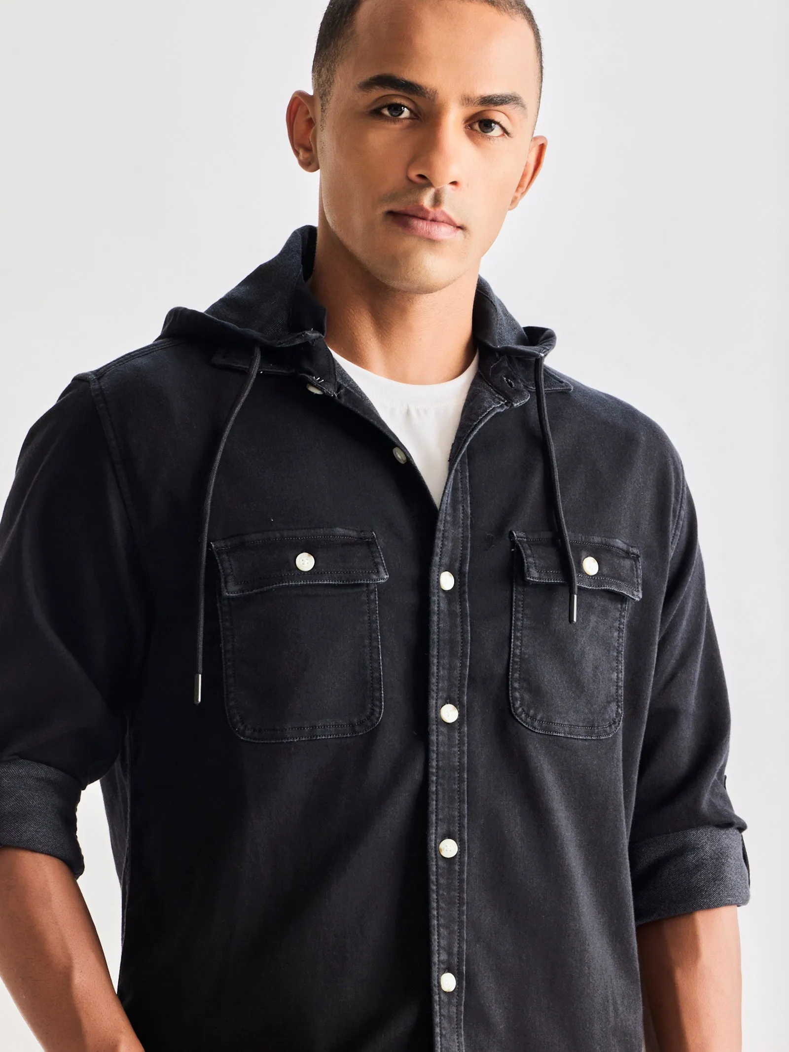 Black Hooded Denim Shirt