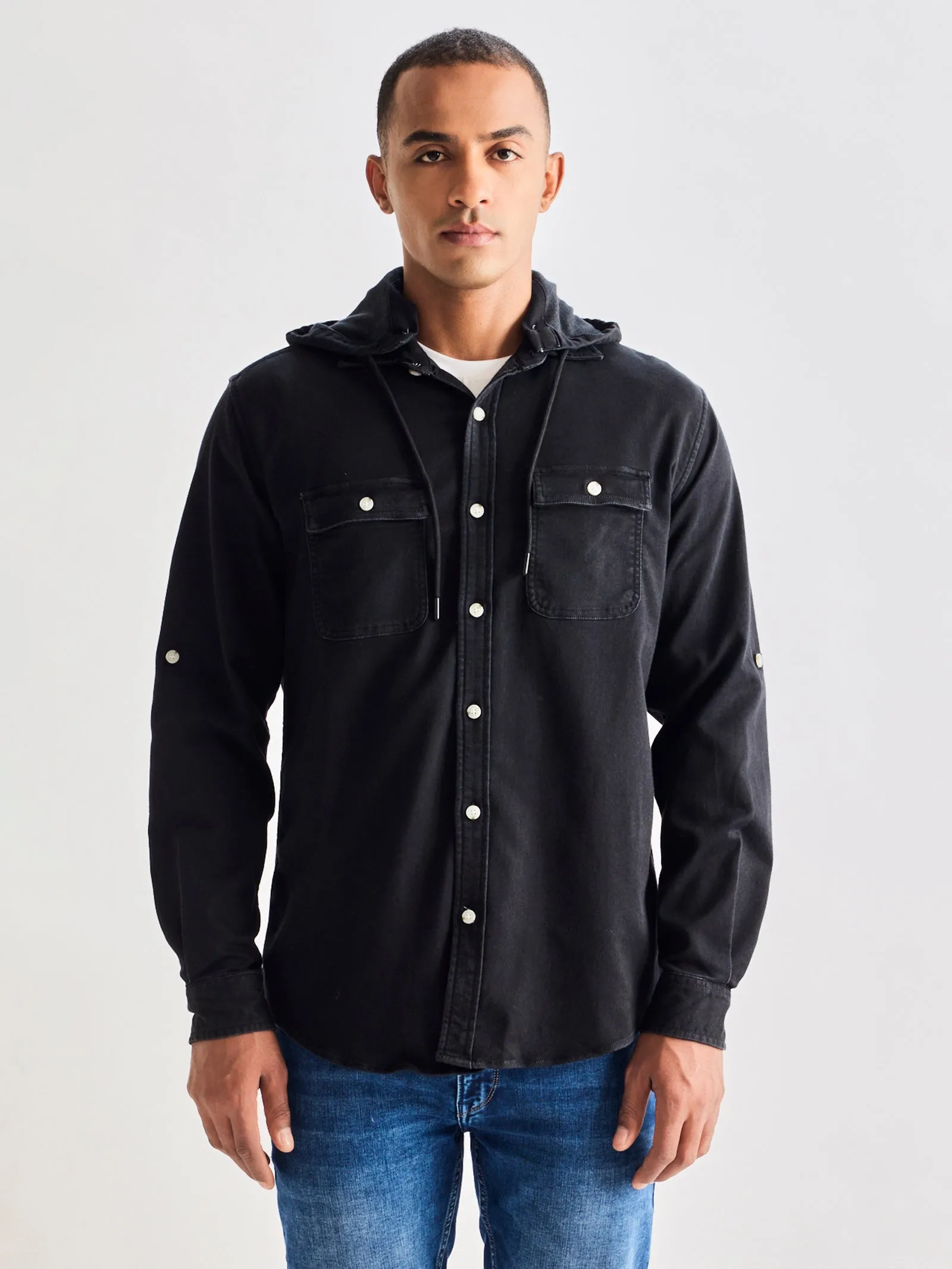 Black Hooded Denim Shirt