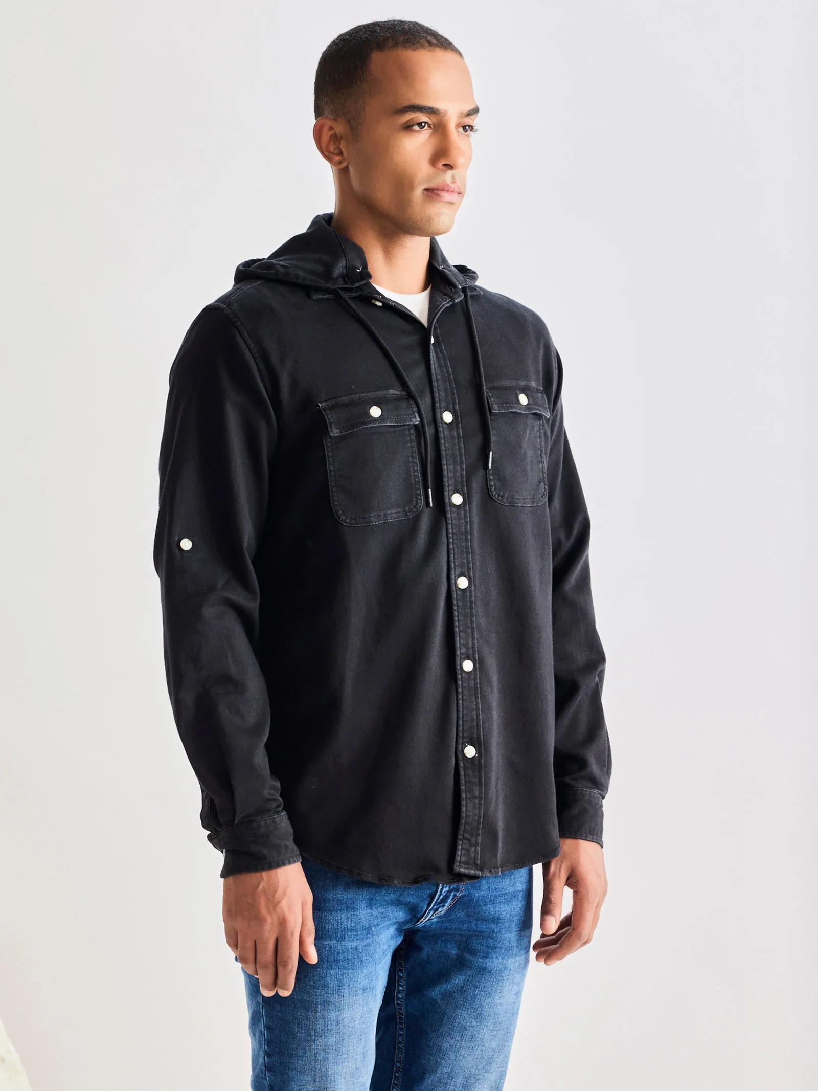 Black Hooded Denim Shirt